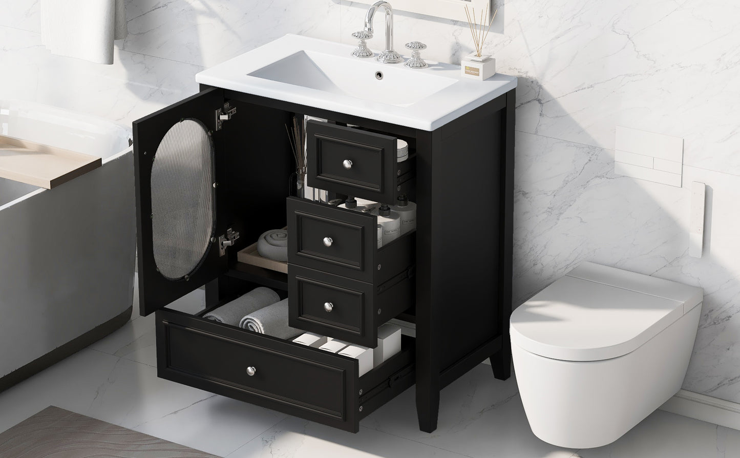 Bathroom Vanity with Sink, Bathroom Vanity Cabinet with Three Drawers and Door, Solid Wood and MDF, Black