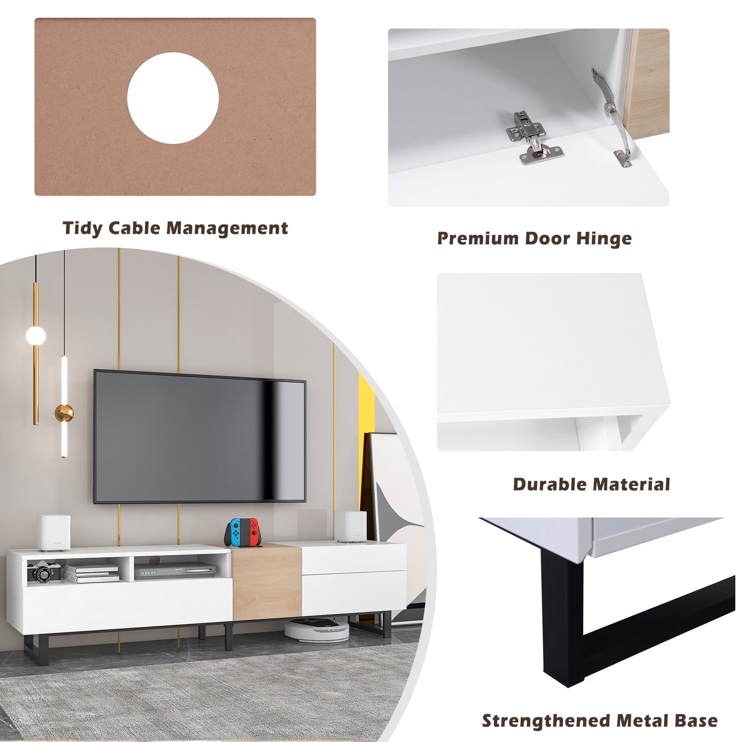 Mueble de TV moderno para televisores de 80 pulgadas, consola multimedia con doble espacio de almacenamiento y puerta abatible, centro de entretenimiento