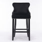 Velvet padded wing back bar stool with button cluster decoration and wooden leg chrome nail head decoration 2-piece set (black)