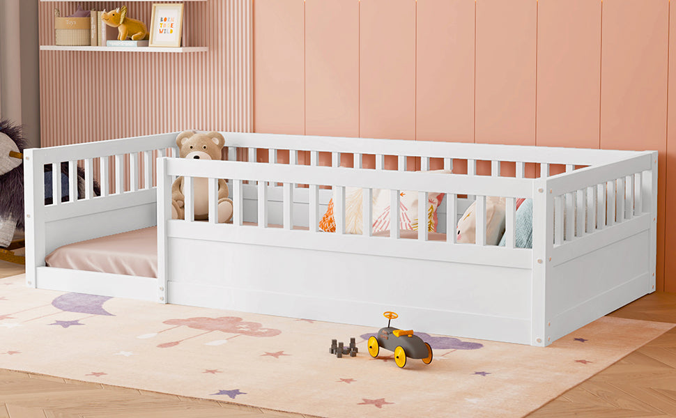 Twin Floor Bed Frame with Fence, Wood Kids Floor Beds Frame for Bedroom Playroom,White