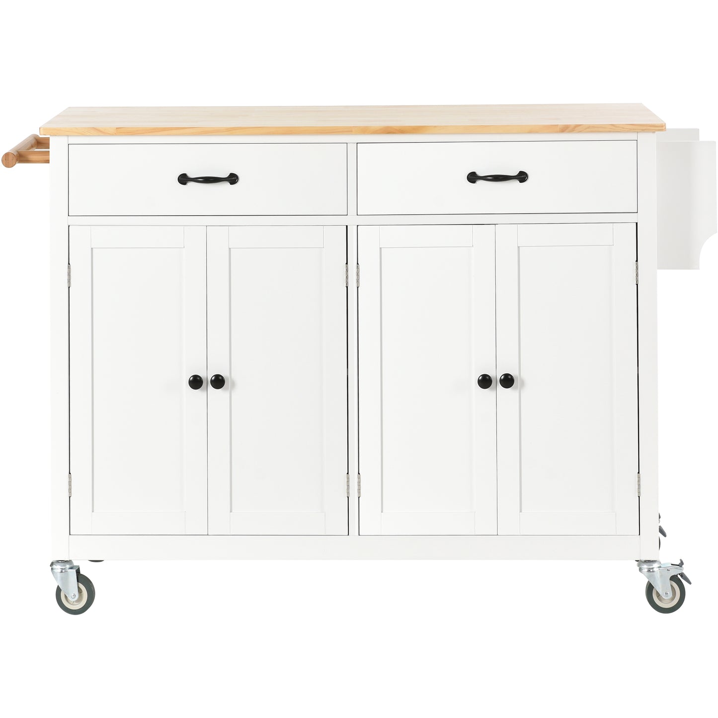 Carrito de cocina con isla con cubierta de madera maciza y ruedas con bloqueo, ancho de 54,3 pulgadas en color blanco