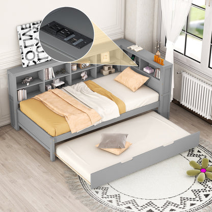 Wooden Twin Size DayBed with Twin Size Trundle, DayBed with Storage Shelf and USB Charging Ports,Grey