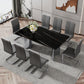 Modern minimalist dining table The black imitation marble glass desktop is equipped with silver metal legs