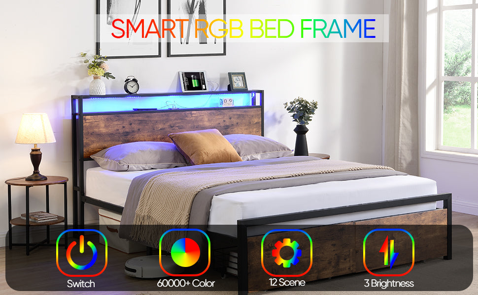 Full size bedstead with storage headboard and 2 drawers, LED light bed with charging station, metal Flat noodles support