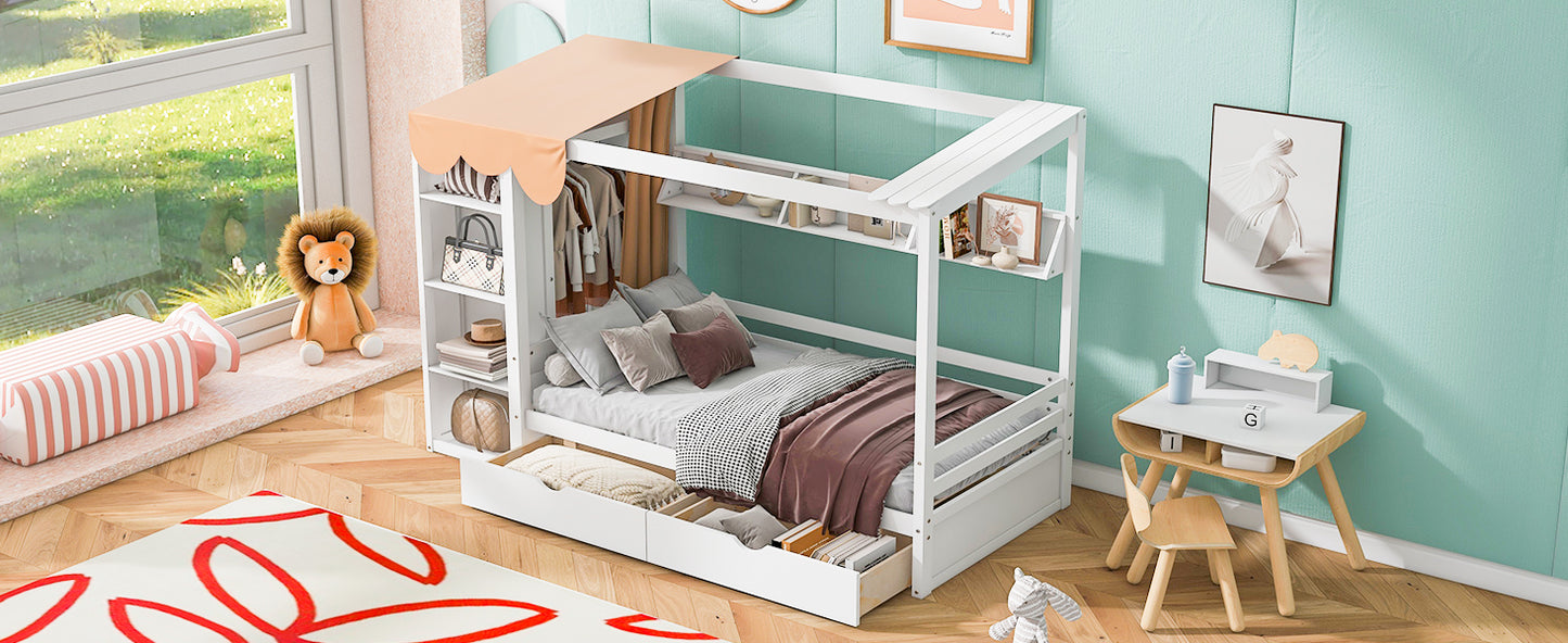 Twin size House Bed with Two Drawers and Wardrobe,White