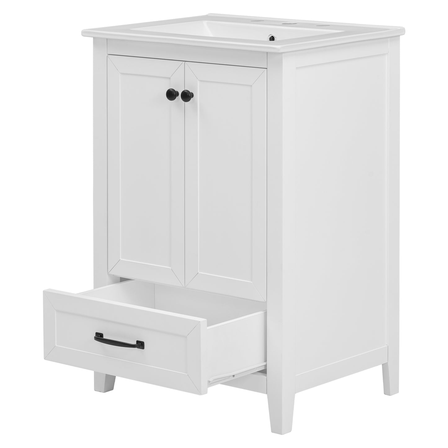 24" Bathroom Vanity with Sink, Solid Wood and MDF Cabinet with One Drawer and Doors, White Finish