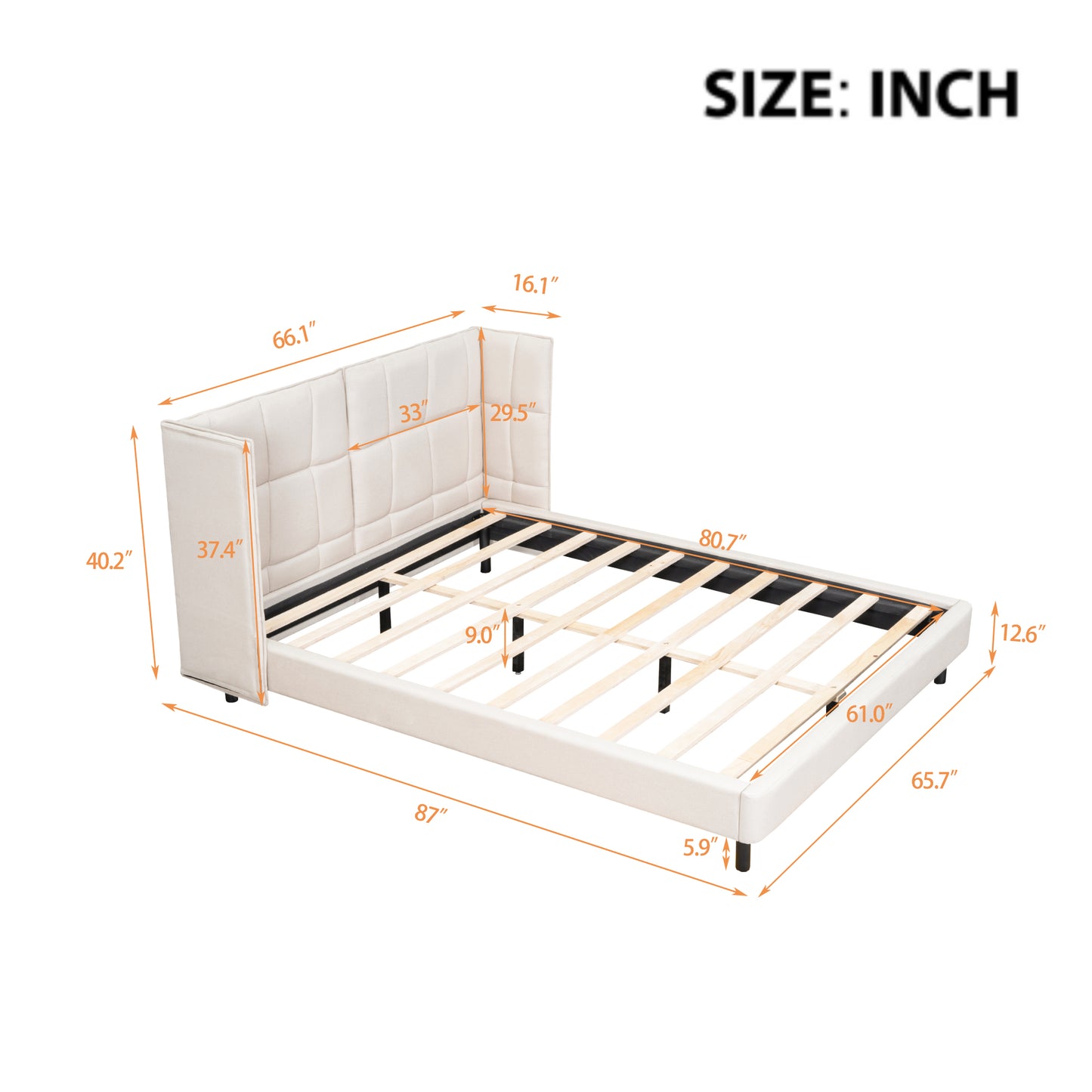 Queen Size Upholstered Platform Bed with LED Lights and U-Shaped Headboard, Linen Fabric, Beige