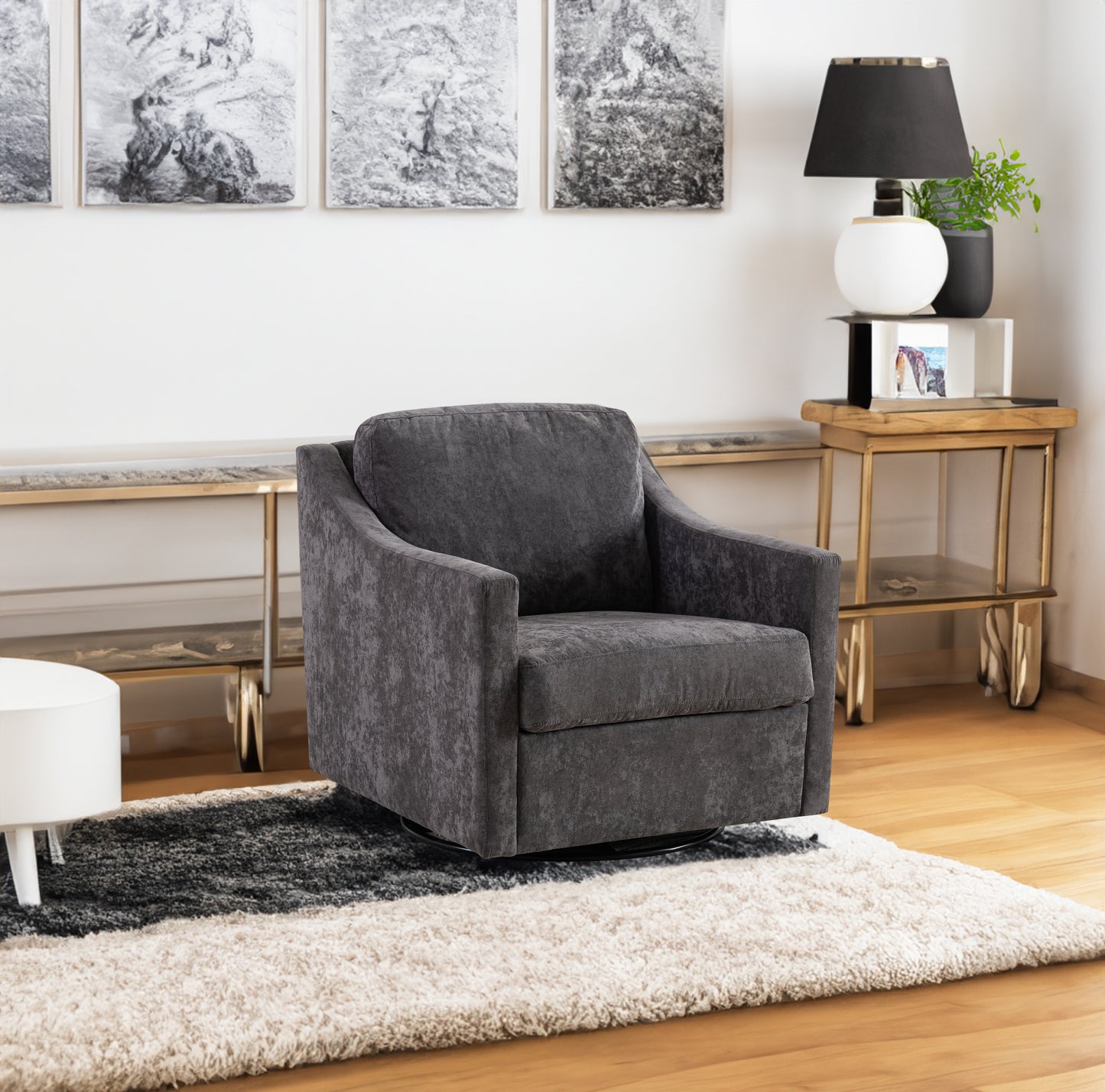 Large Swivel Chair with Soft Cushions, Modern Design in Skin-Friendly Gradient Linen Fabric, Grey Finish