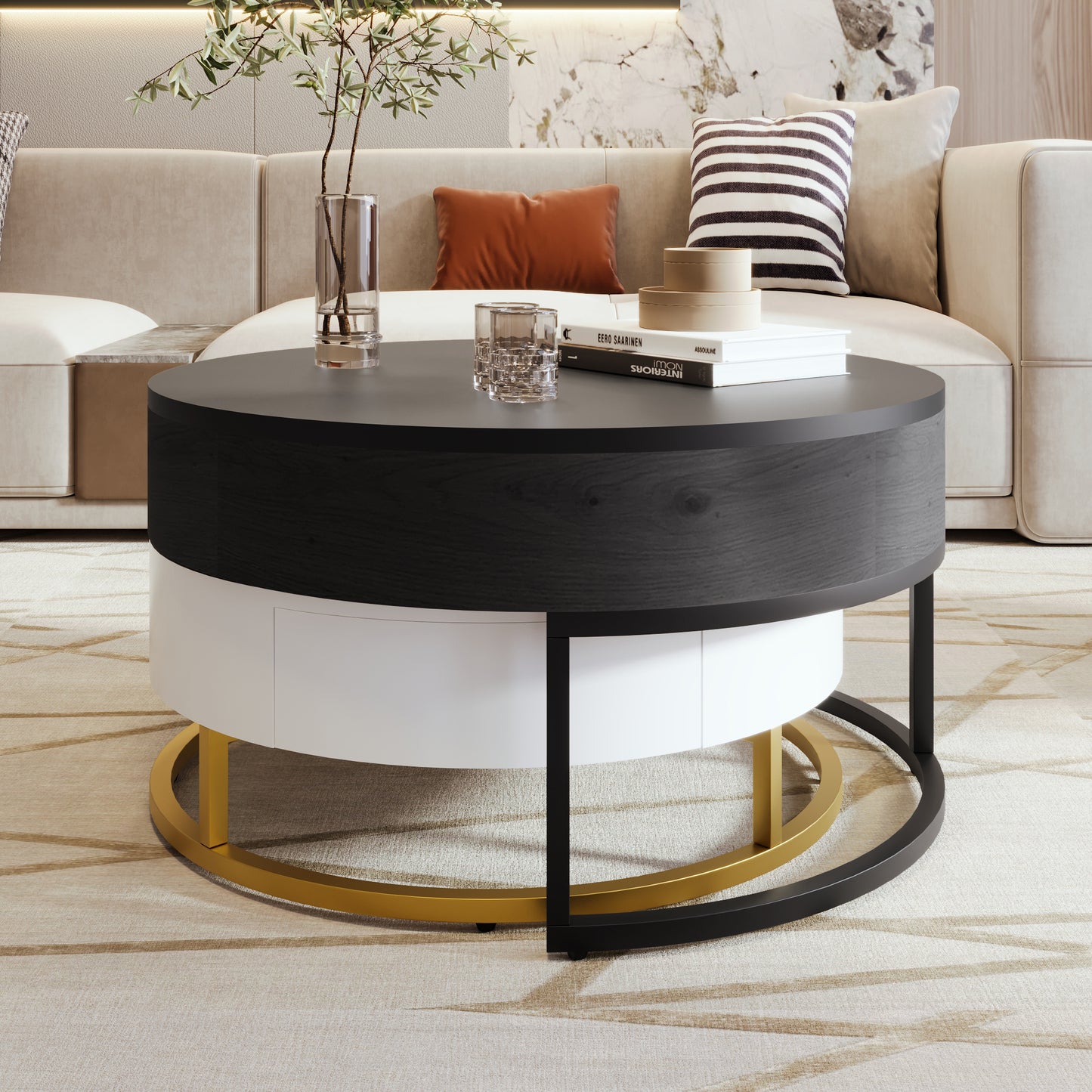 Modern Round Lift-Top Nesting Coffee Tables with 2 Drawers, White and Black Finish