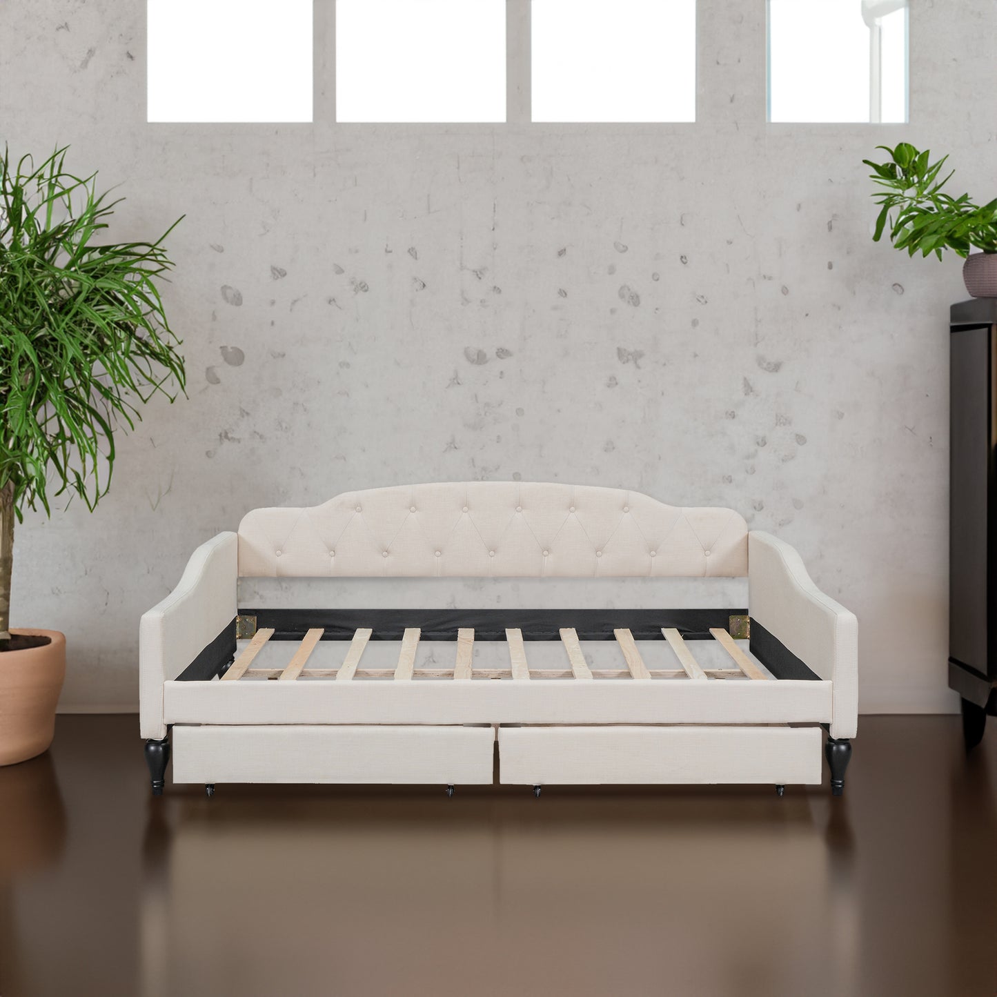 Full Size Upholstered Tufted Daybed with Two Drawers, Beige