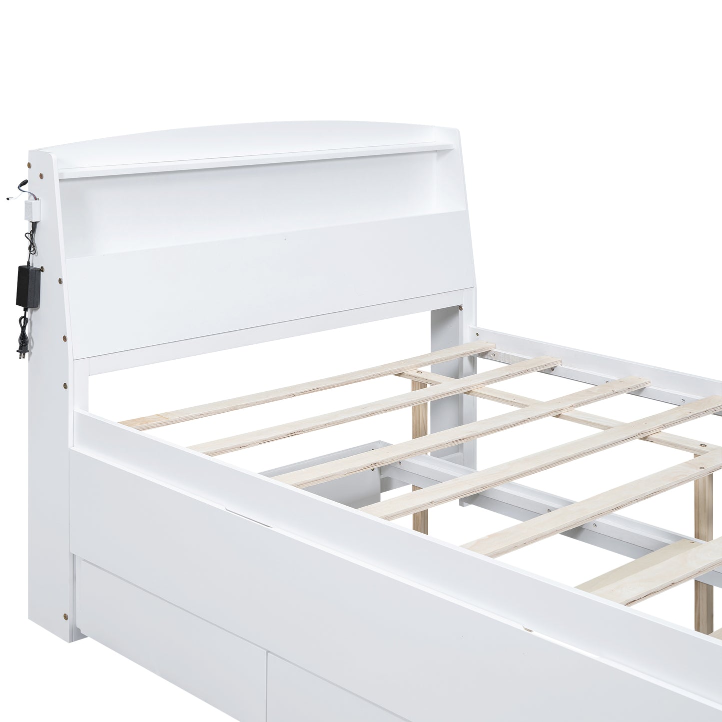 Full Size Platform Bed with Storage LED Headboard  Twin Size Trundle and 3 Drawers White