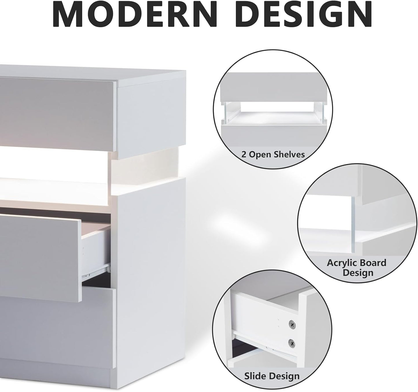 LED bedside table, bedroom, three drawers, dressing table, acrylic board, bedside furniture (white)