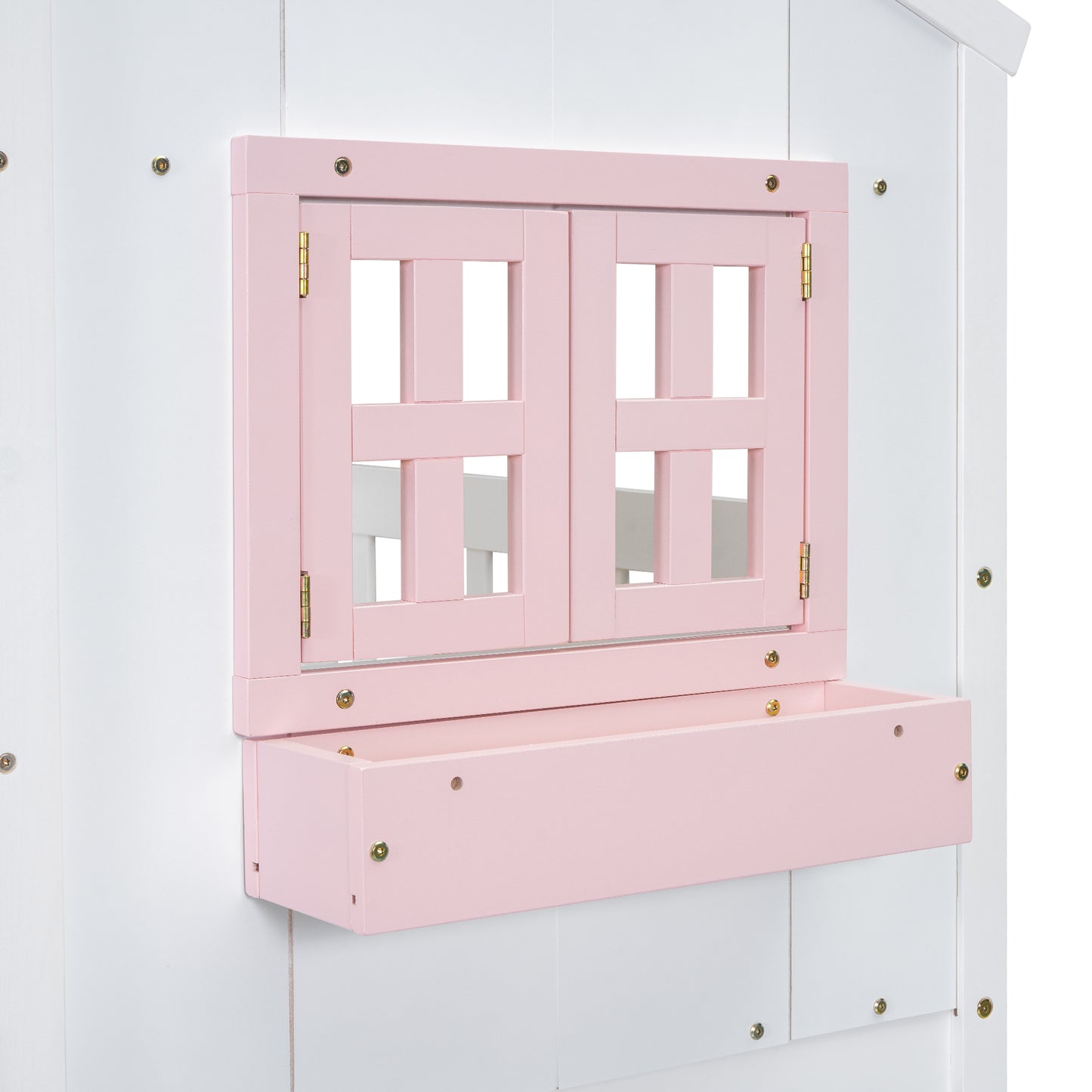 Twin over Twin House Bunk Bed with Roof , Window, Window Box, Door , with Safety Guardrails and Ladder, Pink/White