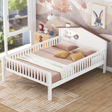 Full Size Wood Platform Bed with House-shaped Headboard, LED and Built-in Storage, White