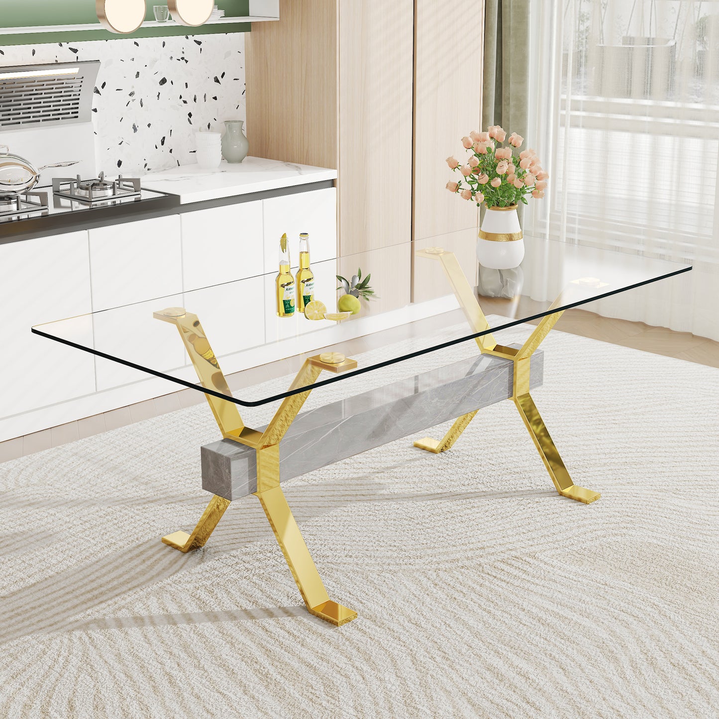 Mesa de comedor moderna de vidrio templado, escritorio de oficina grande con patas de metal chapado en oro y barras transversales de MDF