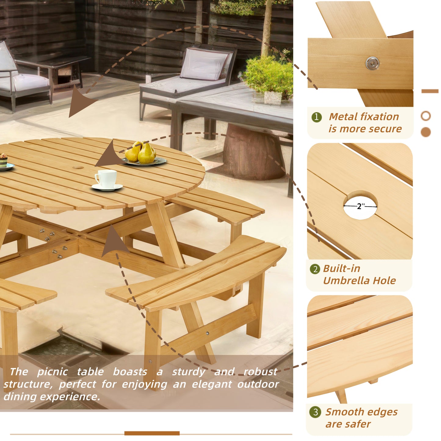 Outdoor picnic table for 8 people, circular picnic table for 8 people, with 4 embedded bench tables and bench sets