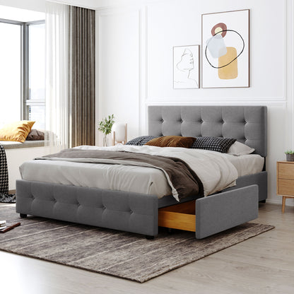 Upholstered Platform Bed with Classic Headboard and 4 Drawers No Box Spring Needed Linen Fabric Queen Size Light Gray