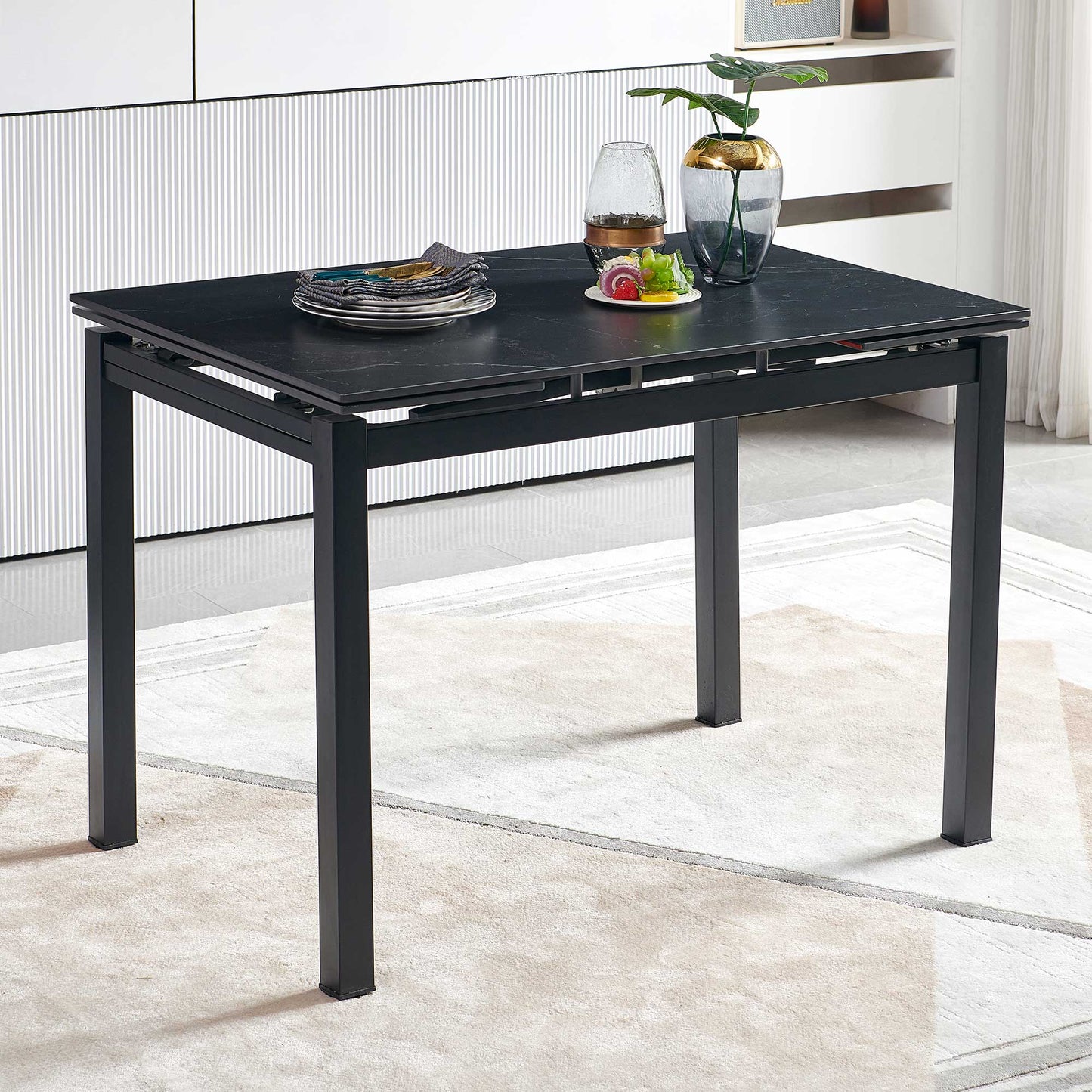 Black Ceramic Modern Rectangular Expandable Dining Room Table For Space-Saving Kitchen Small Space -Table