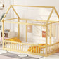 Twin Size Floor Wooden Bed with House Roof Frame and Safety Guardrails,Natural