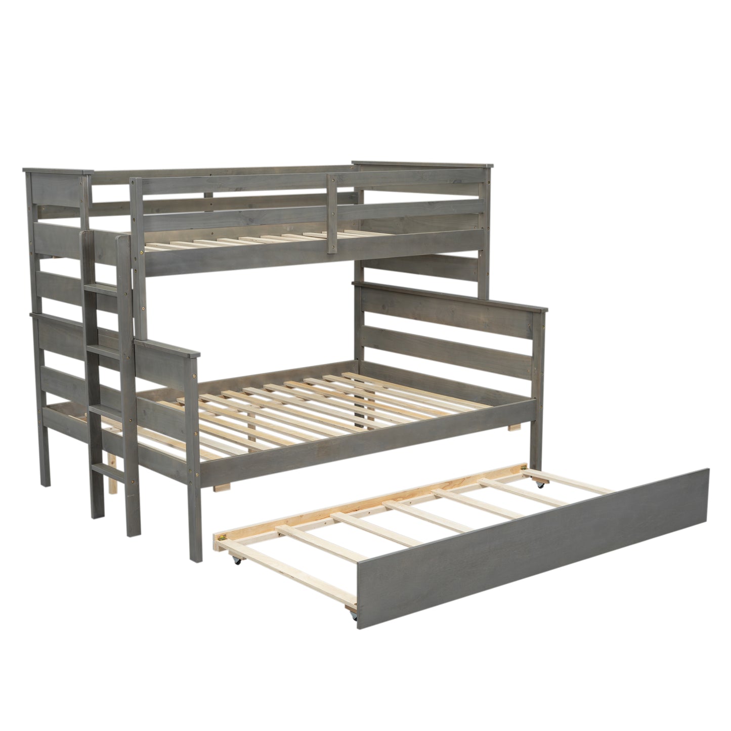 Wood Twin over Full Bunk Bed with Twin Size Trundle  Gray