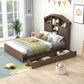 Full Size Wood Platform Bed with House-shaped Storage Headboard and 2 Drawers Walnut