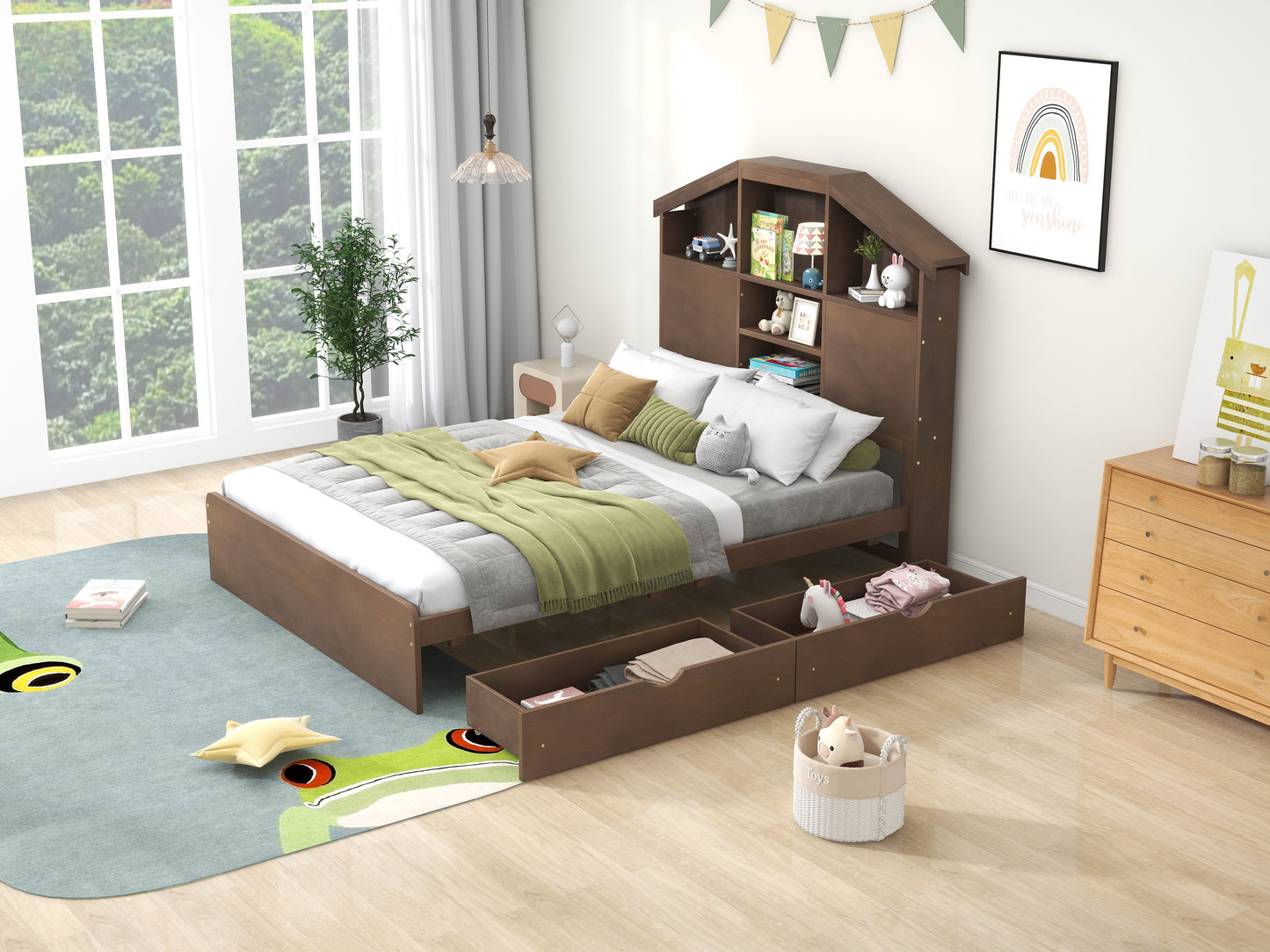 Full Size Wood Platform Bed with House-shaped Storage Headboard and 2 Drawers Walnut