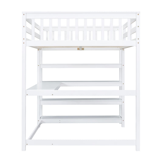 Full Size Loft Bed with Storage Shelves and Under-Bed Desk, White Finish for Modern Bedrooms