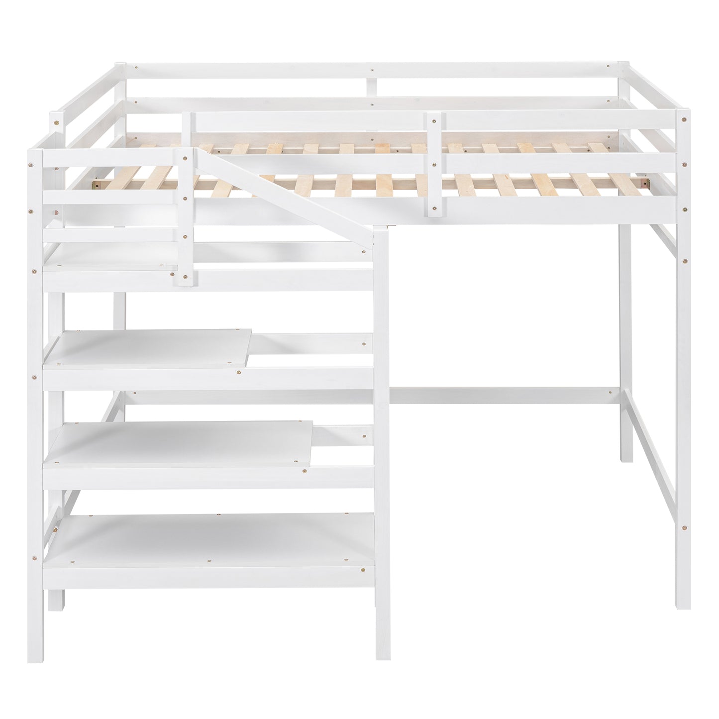 Cama alta de tamaño completo con escalera de almacenamiento incorporada y percha para ropa, acabado blanco