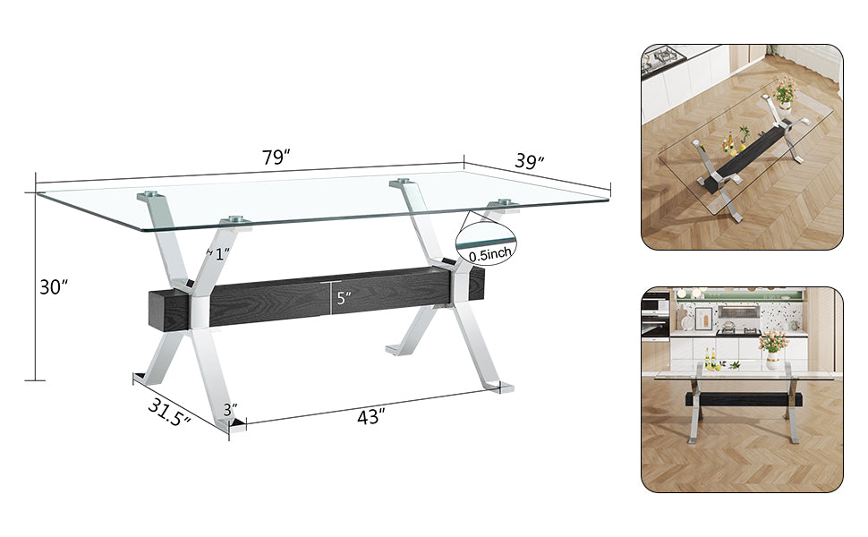 Modern Tempered Glass Dining Table, Large Office Desk with Silver Plated Metal Legs and MDF Crossbars