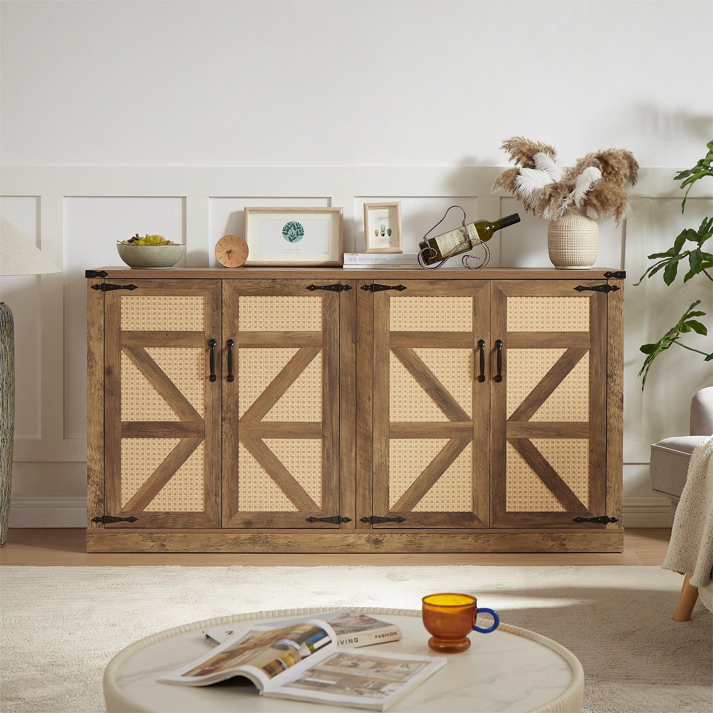 65-Inch Rustic Oak Faux Rattan Sideboard, Barn Door Design for Living Rooms, Entryways, and Bedrooms