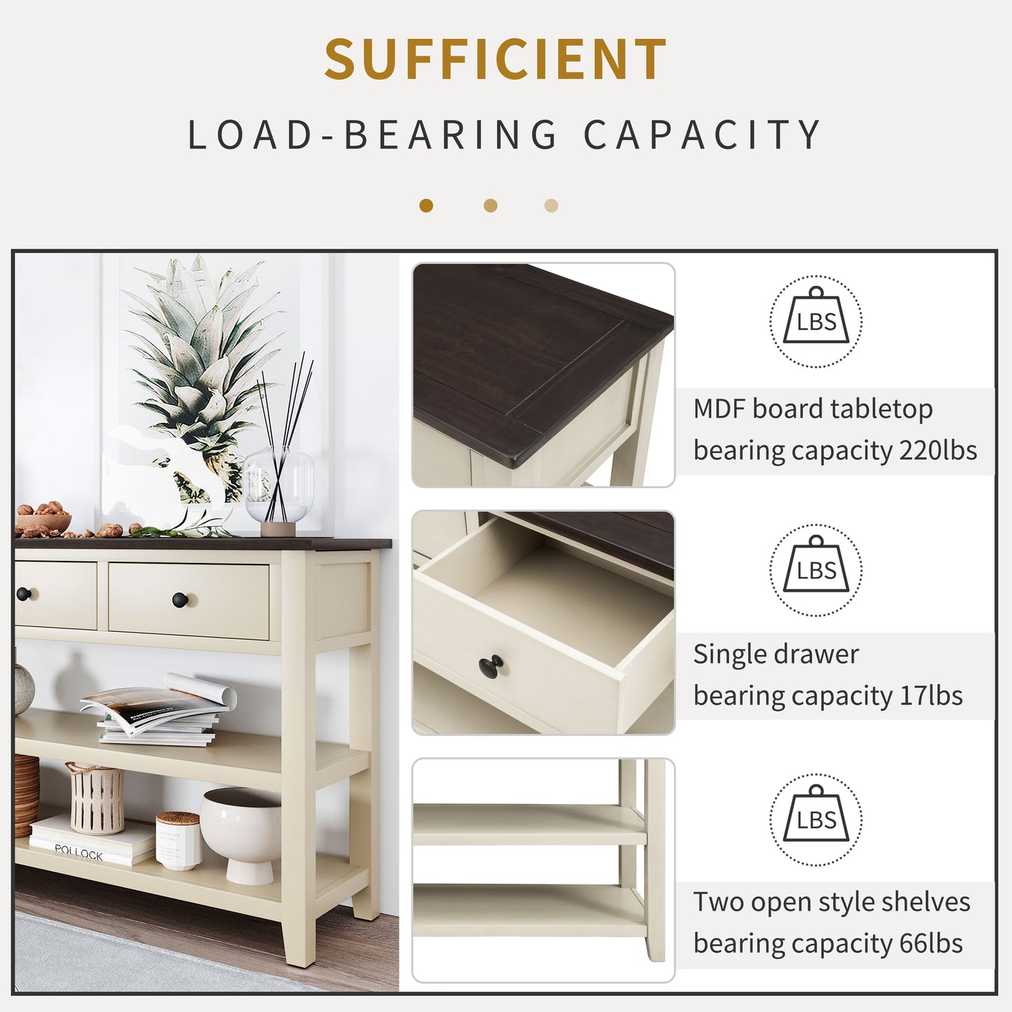 Retro Design Console Table with Two Open Shelves, Pine Solid Wood Frame and Legs, Espresso and Beige Finish