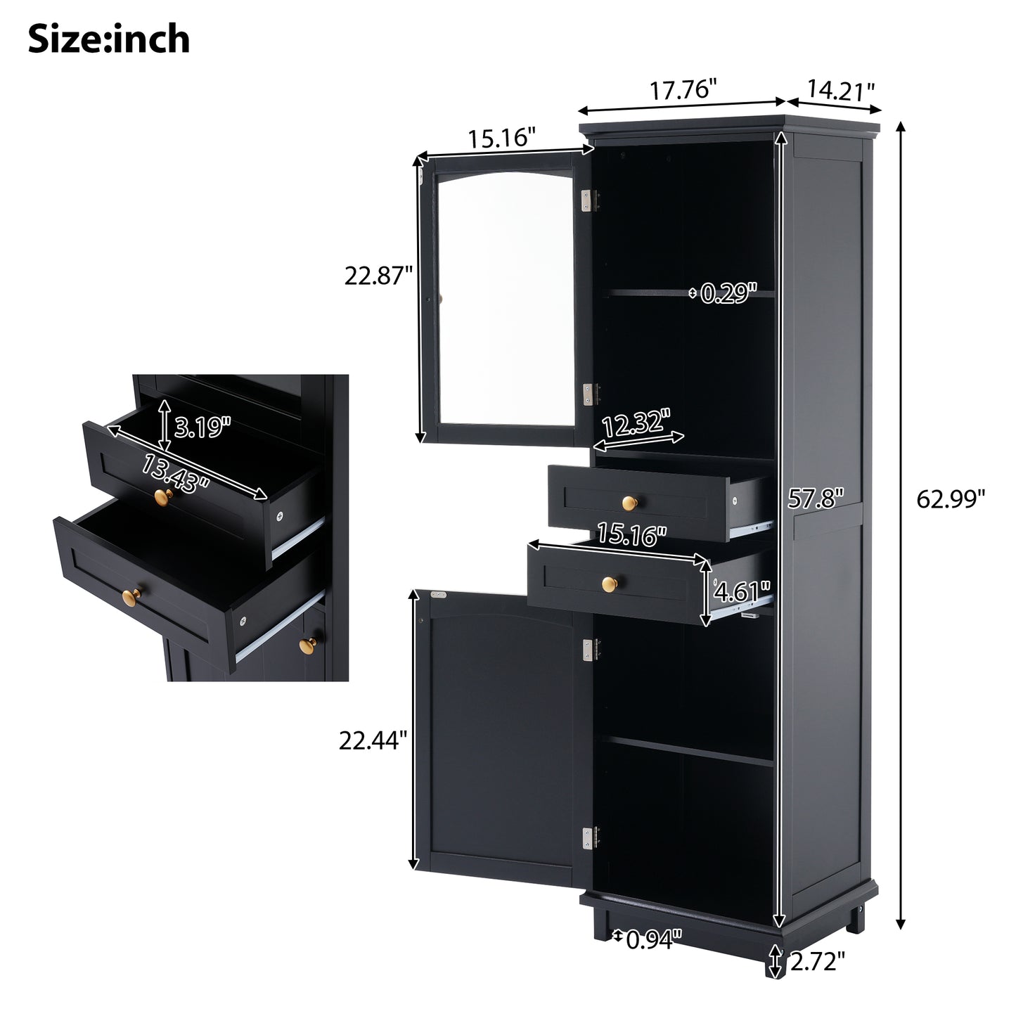 Tall Bathroom Storage Cabinet with Glass Doors, Free-Standing, Two Drawers, and Adjustable Shelves, MDF Board, Painted Black