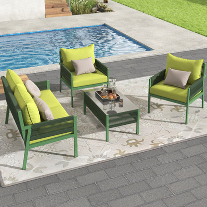 Outdoor Furniture with Tempered Glass Table, Deep Seating with Thick Cushions in Fluorescent Yellow and Green