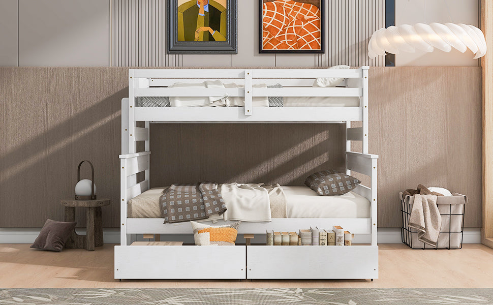 Wood Twin over Full Bunk Bed with 2 Drawers  White