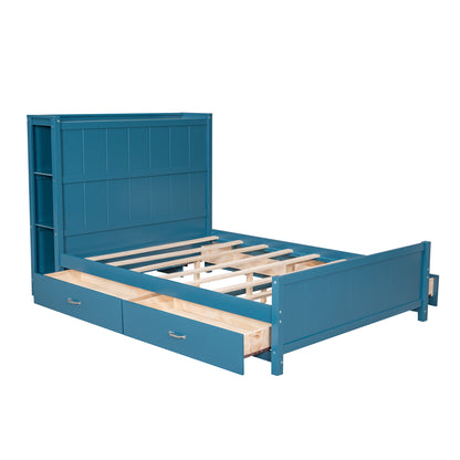Full Platform Bed with Storage Shelves Blue