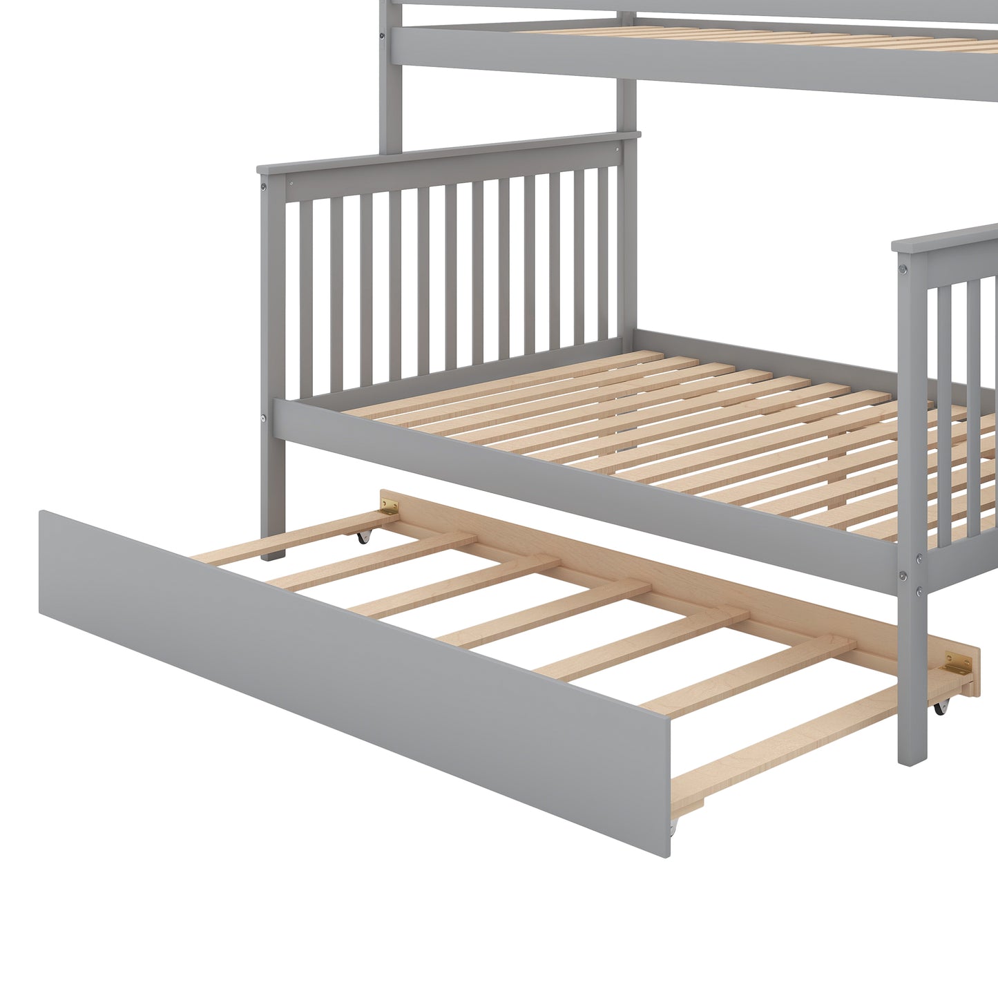 Litera doble sobre cama matrimonial con cama nido y escalera, acabado gris para espacios compactos