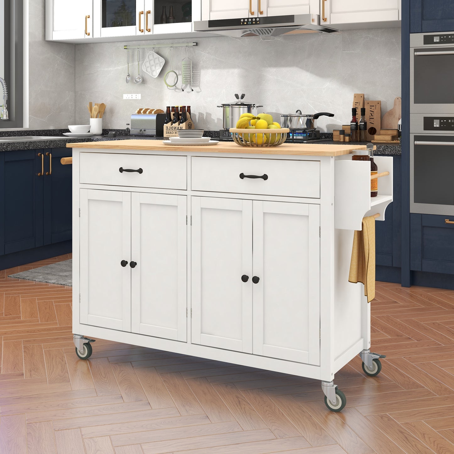 Kitchen Island Cart with Solid Wood Top and Locking Wheels, 54.3-Inch Width in White