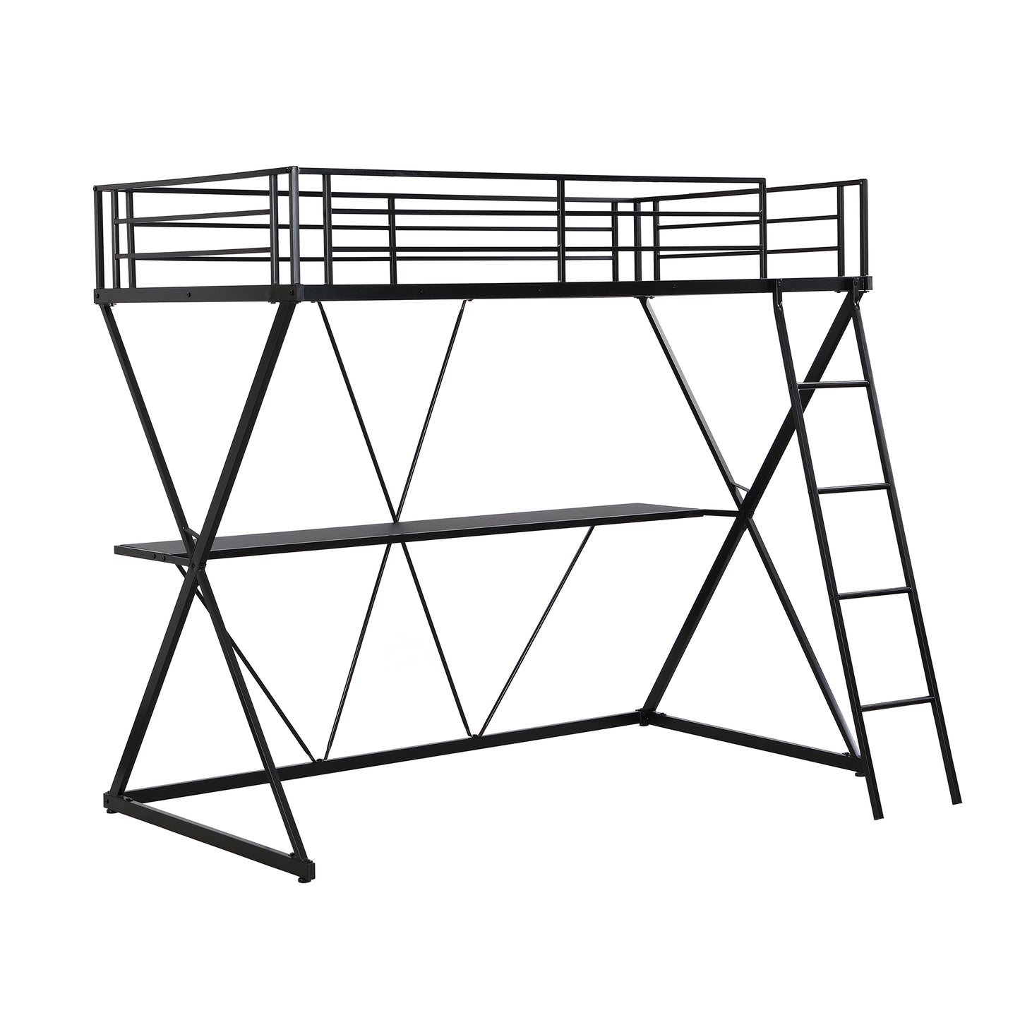 Twin Size Loft Bed with Desk Ladder and Full-Length Guardrails  X-Shaped Frame Black