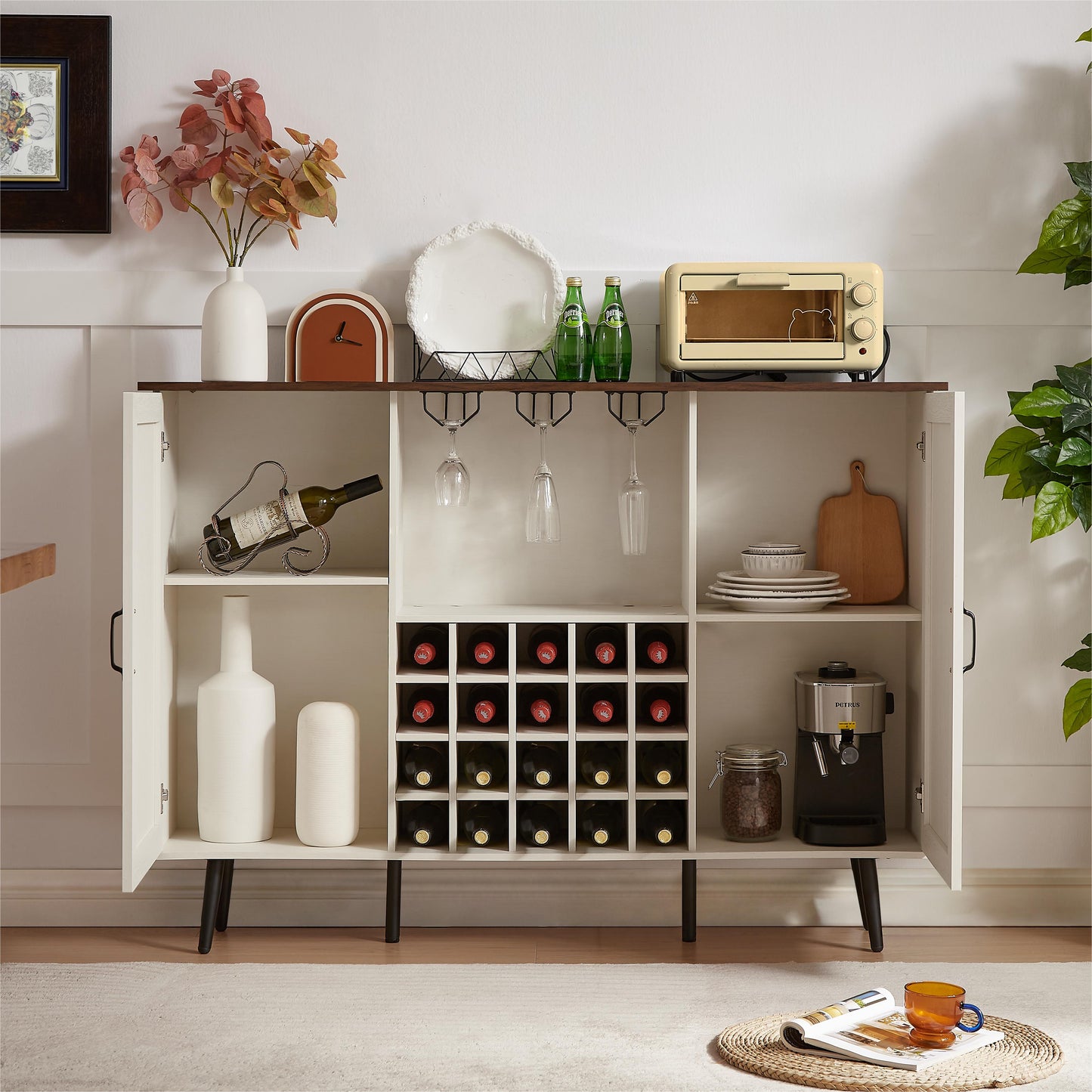 White Faux Rattan Barn Door Wine Cabinet with Wine Rack and Wine Glass Rack, Double Door Design with Removable Shelves