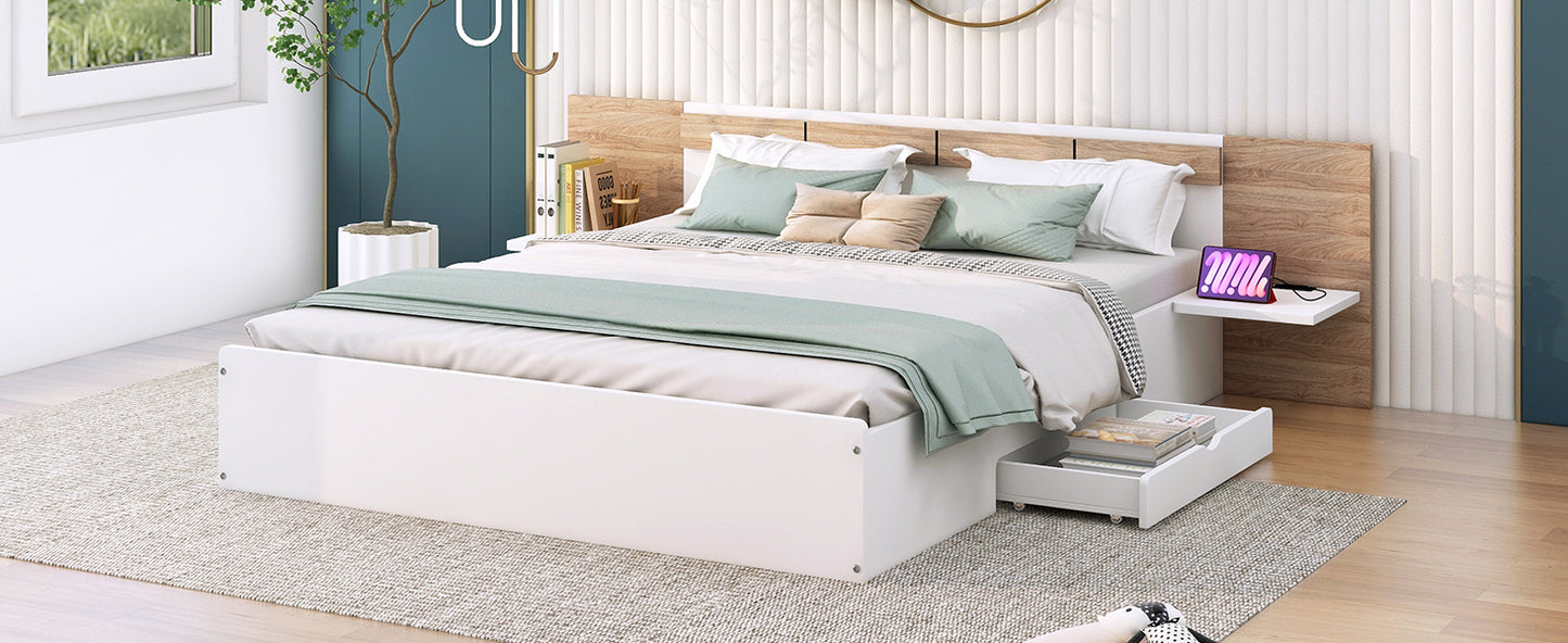 Queen Size Platform Bed with Headboard, Drawers, Shelves, USB Ports and Sockets  White