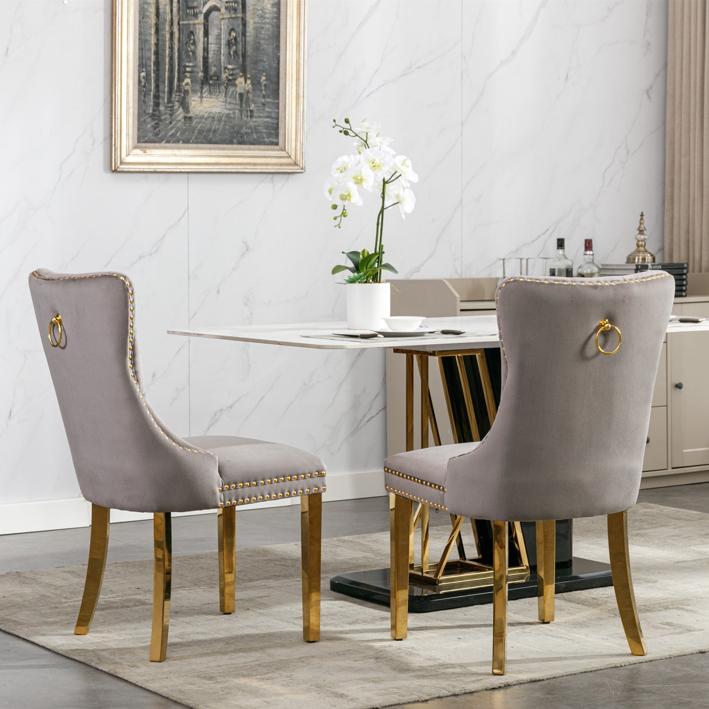 Tufted solid wood velvet cushioned dining chair, gold-plated stainless steel nail leg heads, 2 pieces in gray and gold