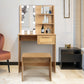 Vanity Desk Set Stool & Dressing Table with LED Lighting Mirror Drawer and Wood Cosmetic Table Chest of Drawers Nature Color