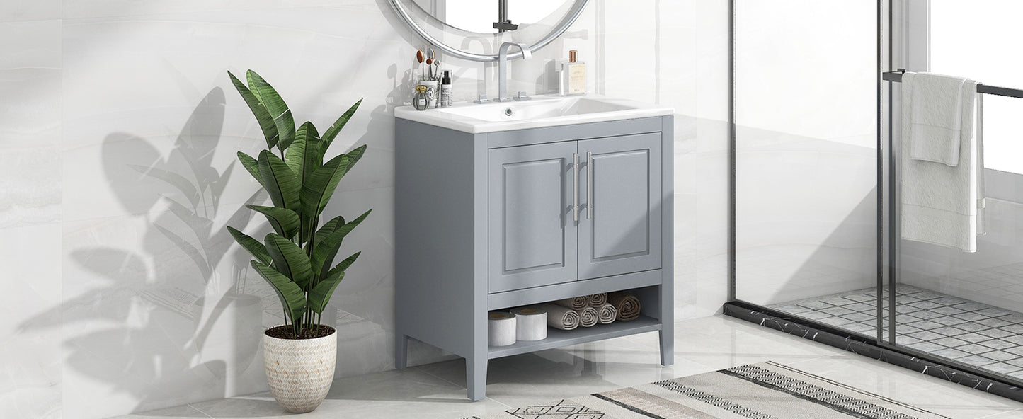 Bathroom Vanity with Sink, Multi-functional Bathroom Cabinet with Doors and Drawers, Solid Frame and MDF Board, Grey