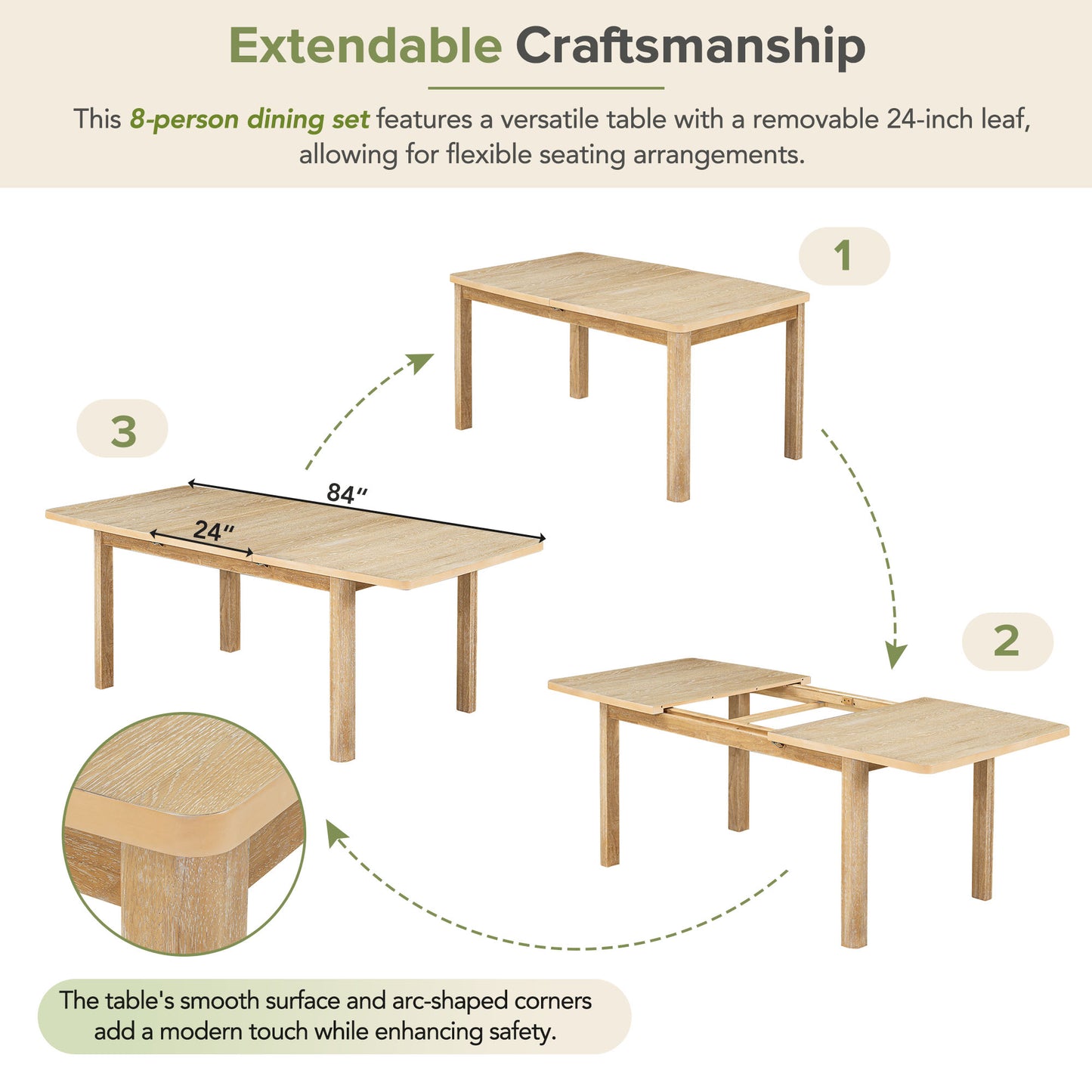 TOPMAX Expandable 84-Inch Dining Table Set with 24" Detachable Leaves, 6 Armless Chairs, and 2 Armchairs, Natural Finish