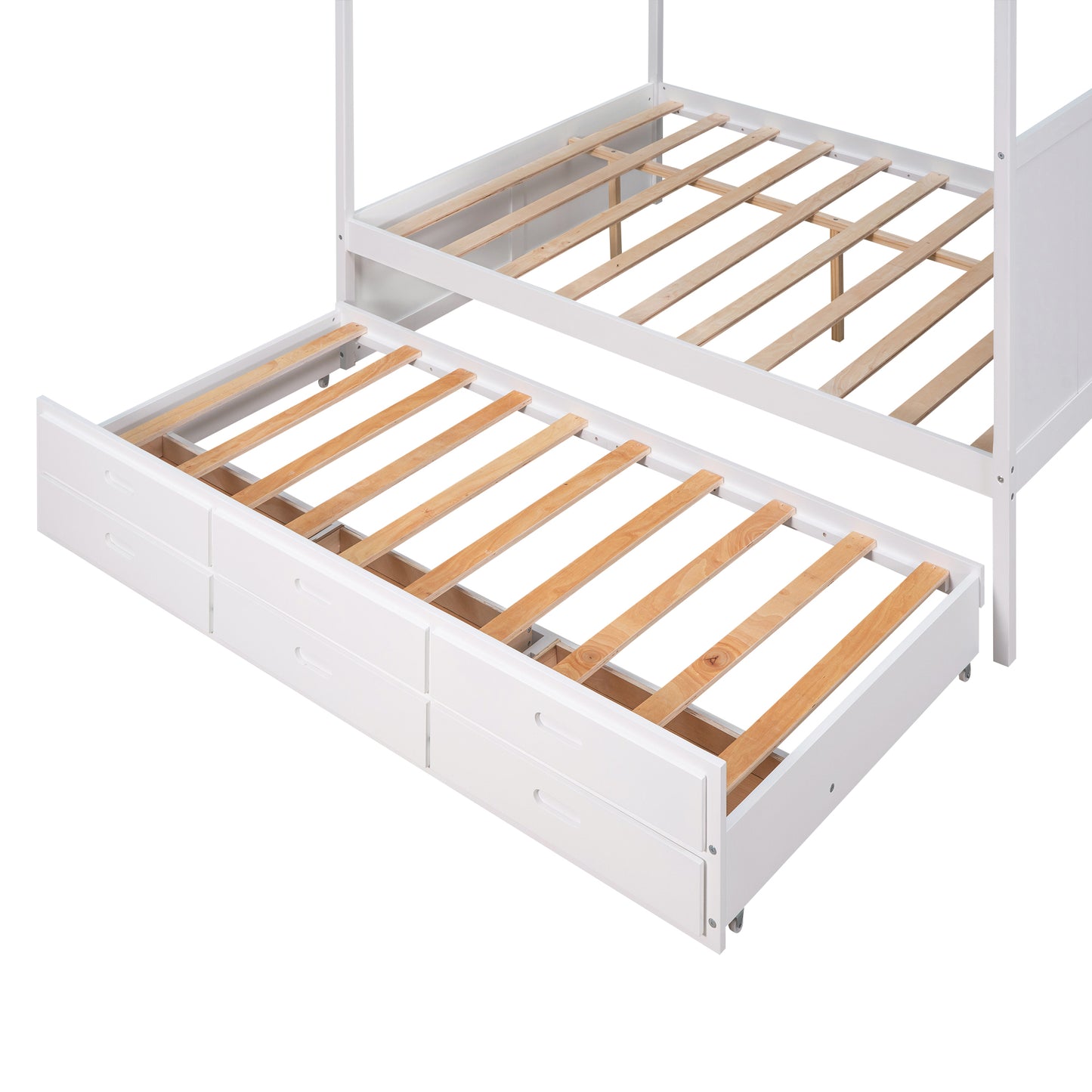 Queen Size Canopy Platform Bed with Twin Size Trundle and Three Storage Drawers White