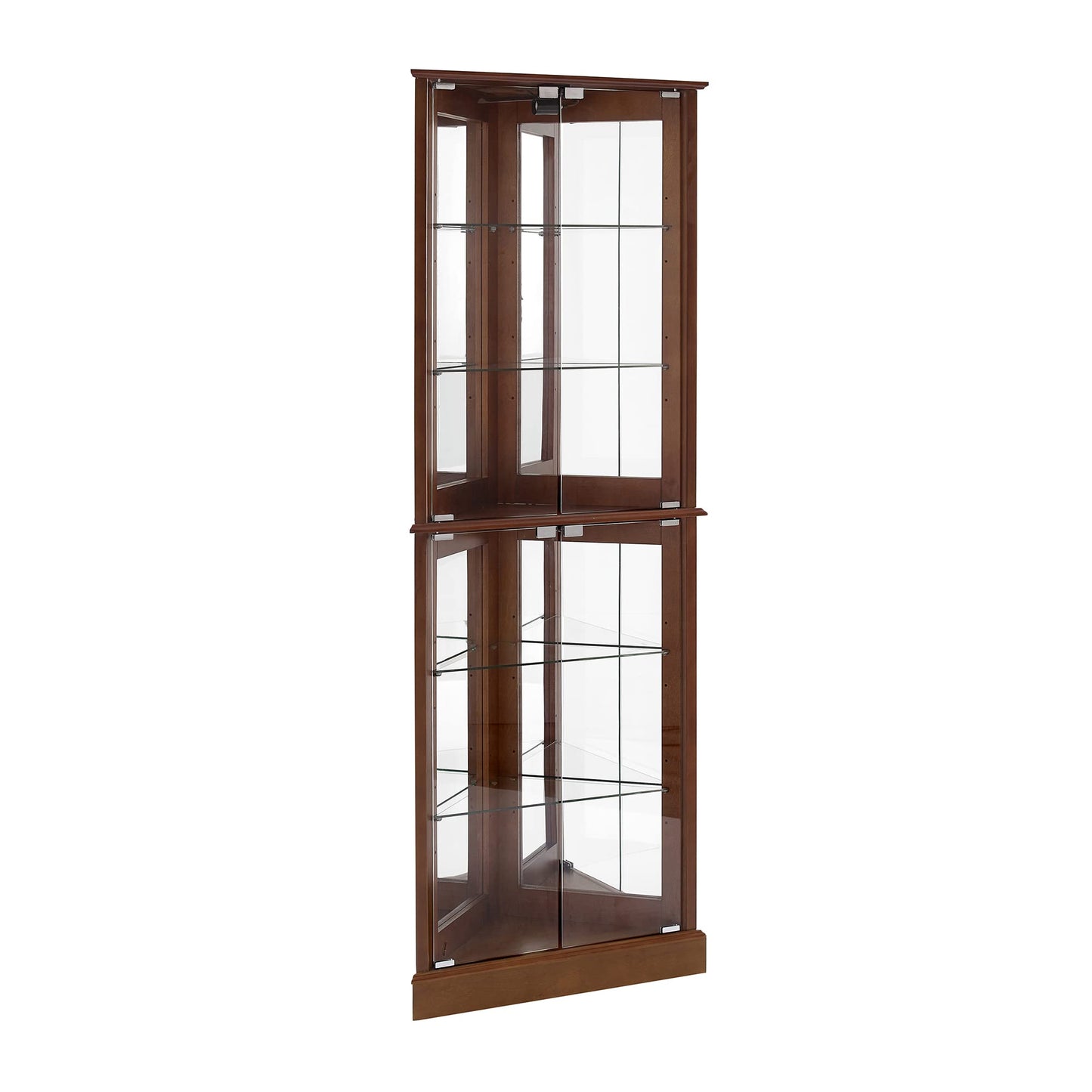 Corner Curio Dispaly Cabinet with Lights, Adjustable Tempered Glass Shelves, Mirrored Back,Walnut(E26 light bulb not included)