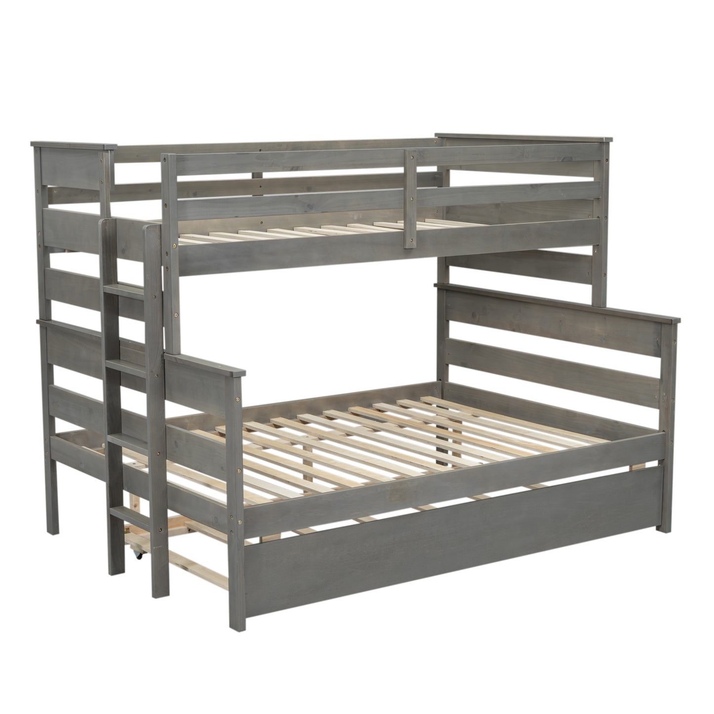 Wood Twin over Full Bunk Bed with Twin Size Trundle  Gray