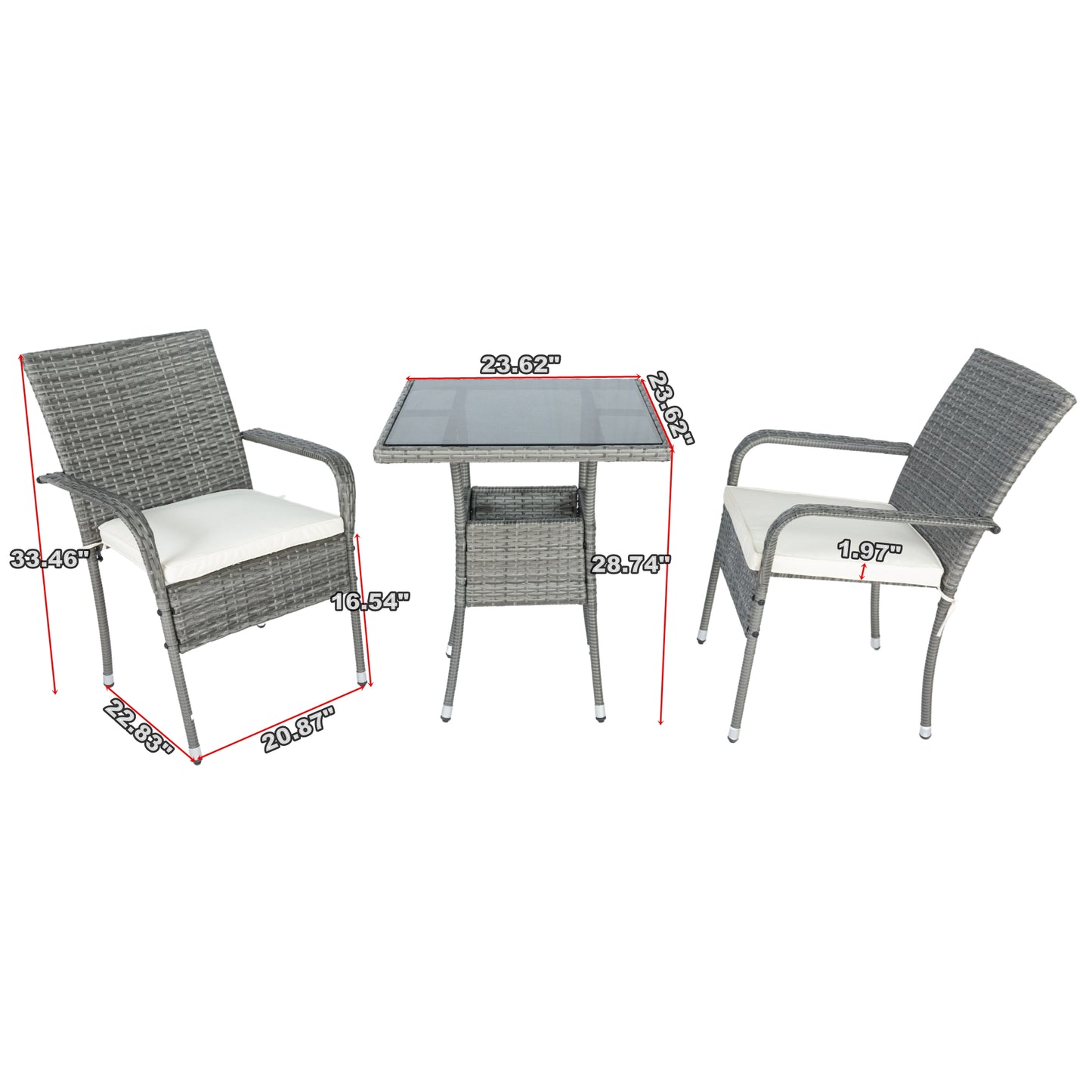 3 Piece Patio Wicker Conversation Set Grey Wicker + white Cushion