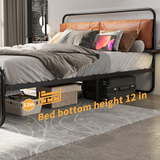 King Size Metal Bed Frame with Upholstered Headboard, with wireless charging and USB A & USB C, Touch LED light Vintage Brown