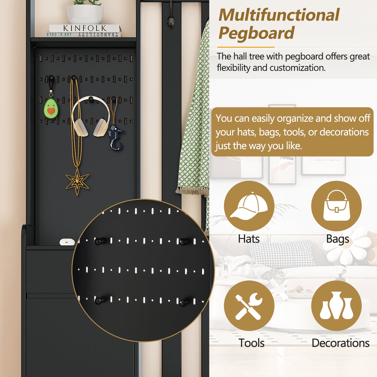 39.3"W x 70.8"H Multifunctional Corridor Shoe Cabinet with Soft Padded Nail Board and Black Hanger